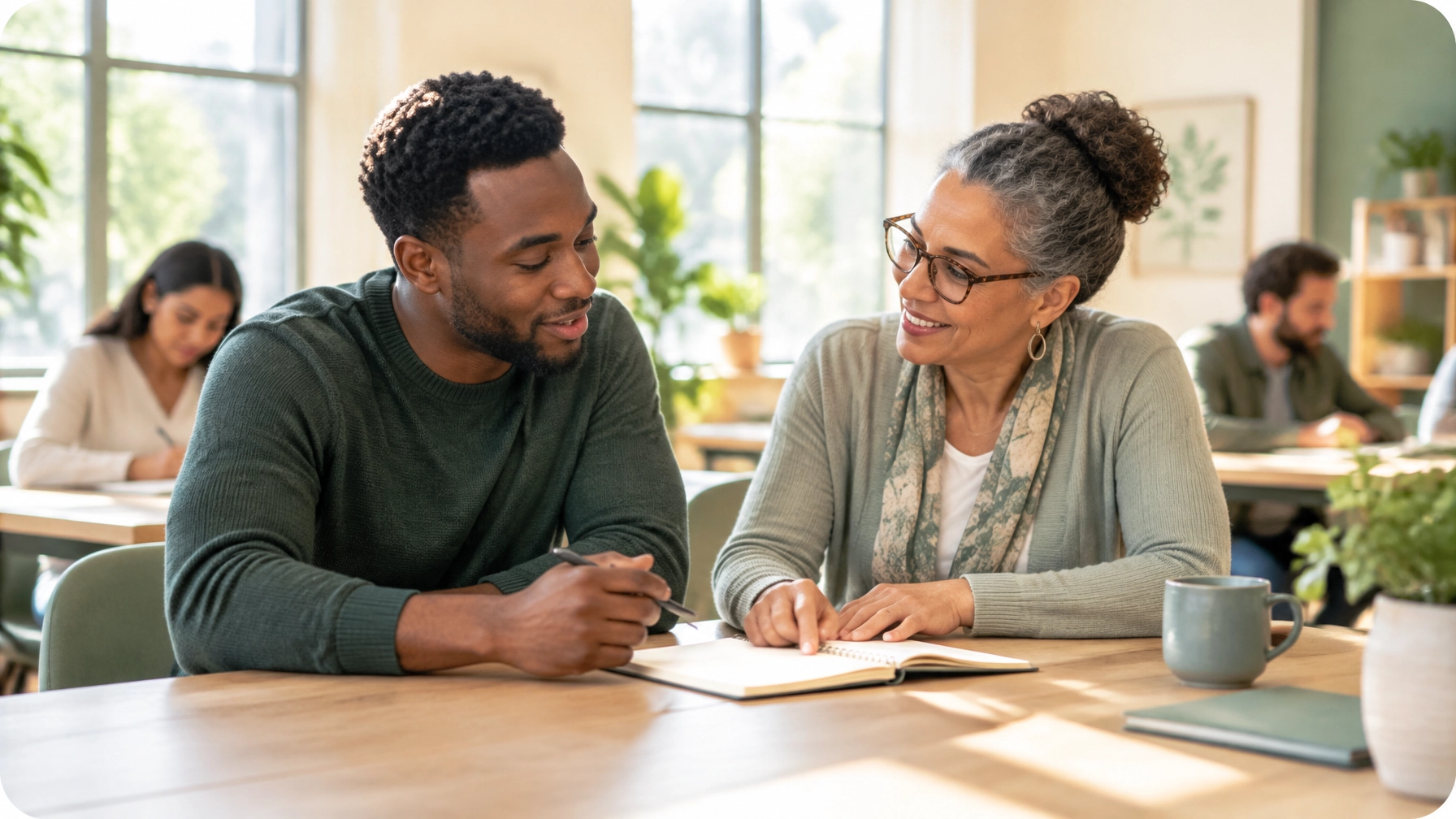 A participant and mentor talk together while reviewing a notebook in a bright community learning space